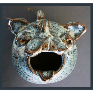 vintage hanging hippo ceramic blue mottled planter signed Tiger TPotter Pots